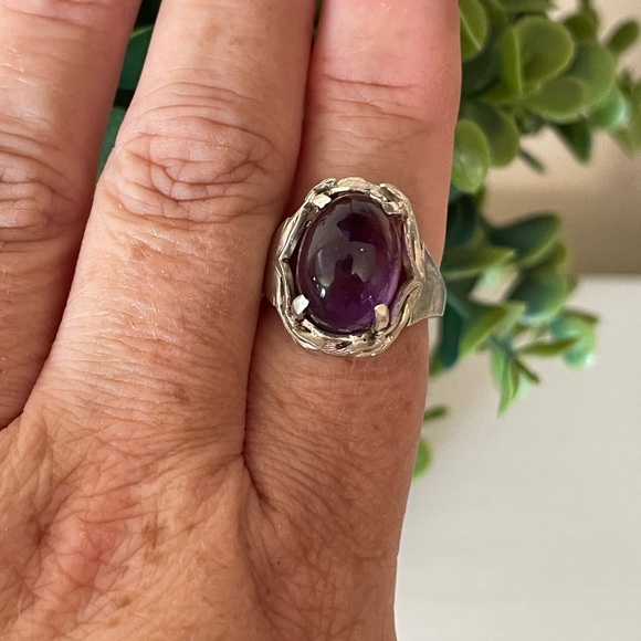 Vintage SA 925 Sterling Silver Amethyst Gemstone Dome Ring Medieval Style SZ 6.5 - Picture 8 of 11